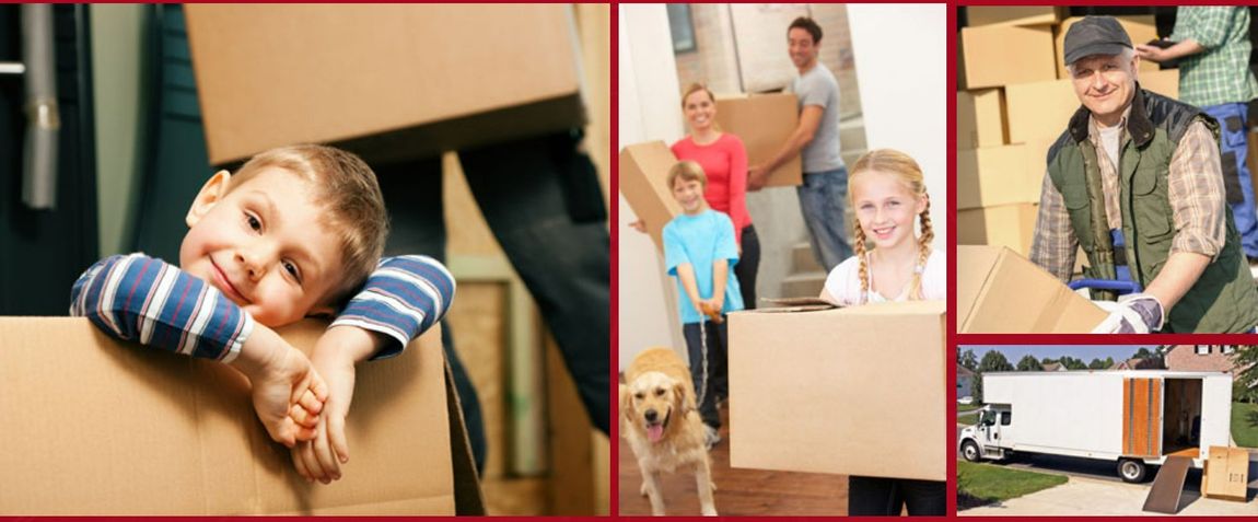 Child in box, child moving boxes,  man moving boxes and white moving truck