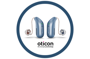 A pair of blue hearing aids are in a blue circle.