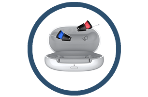 A pair of hearing aids in a case in a circle.