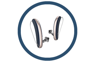 A pair of hearing aids in a case in a circle.