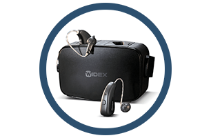 A pair of hearing aids sitting on top of a woex case