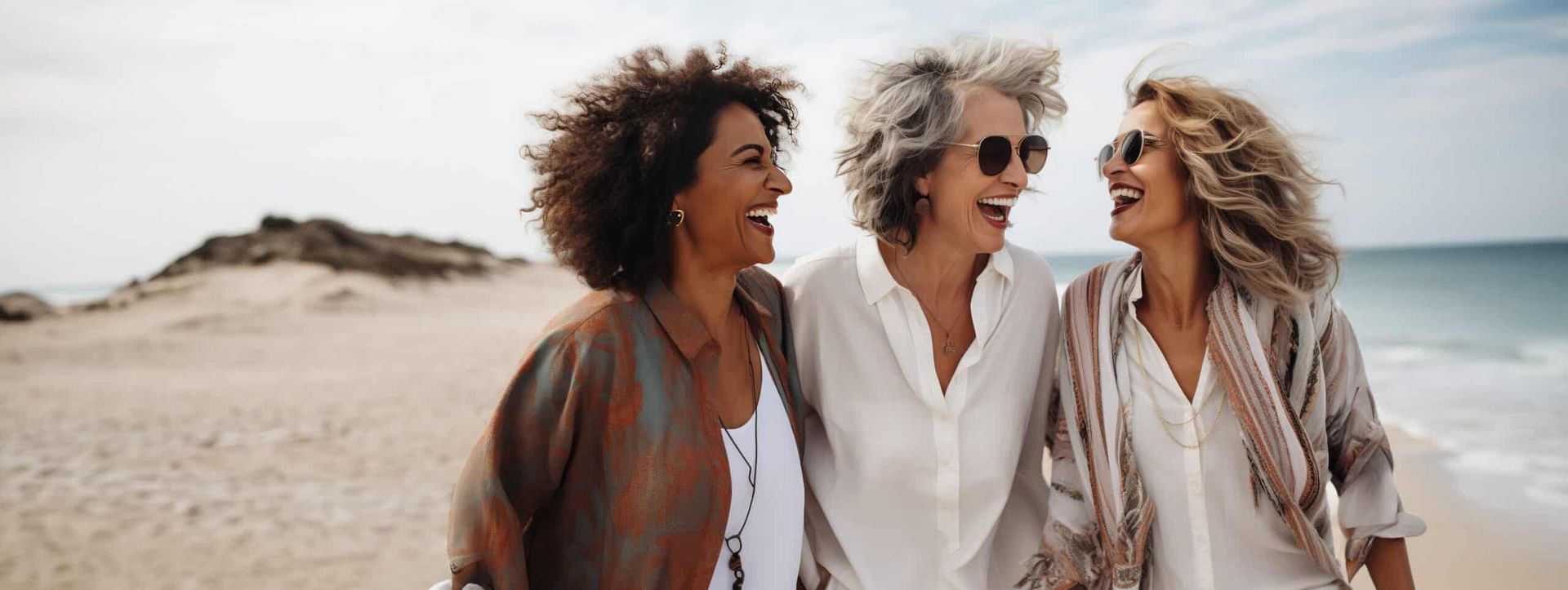 Three women are walking on the beach and laughing.