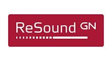 A red and white logo for resound gn on a white background.