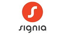 The logo for signia is a red circle with a white letter s inside of it.