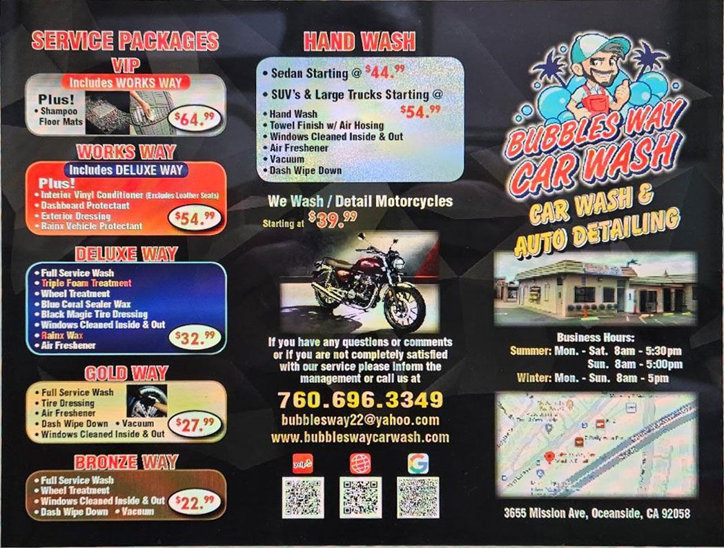 A menu for Bubble's Way Car Wash listing service packages, pricing, contact info, business hours, and location