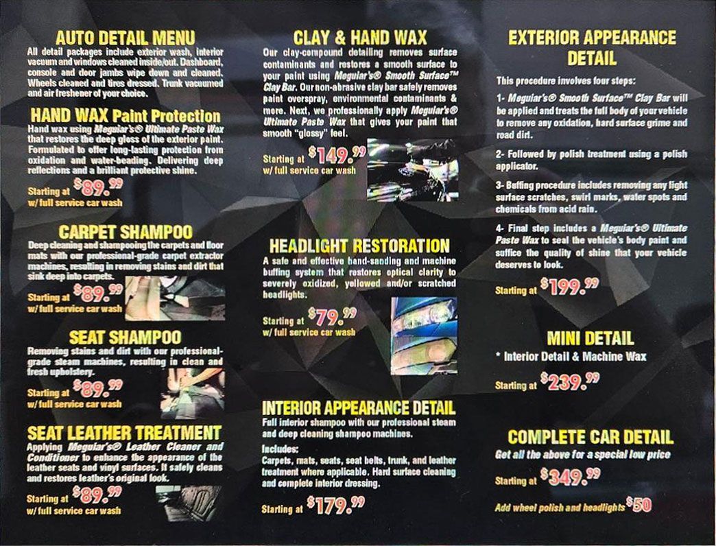 A car detailing service menu listing various cleaning and restoration packages with their starting prices