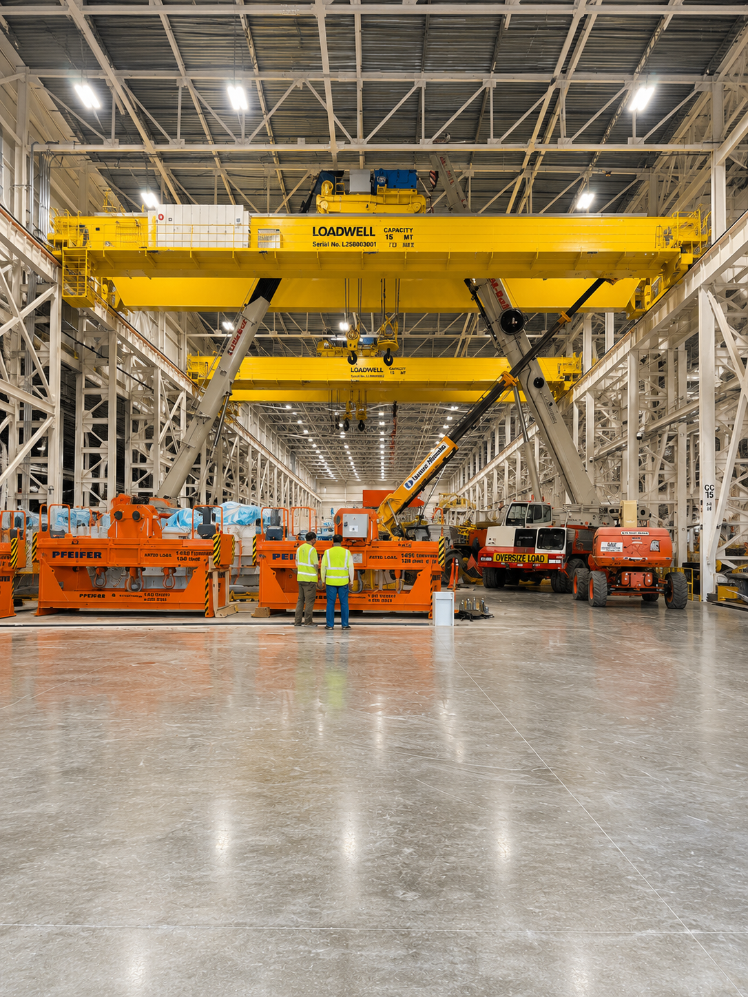 Large yellow overhead crane in a factory, with workers and orange industrial vehicles on a polished floor.
