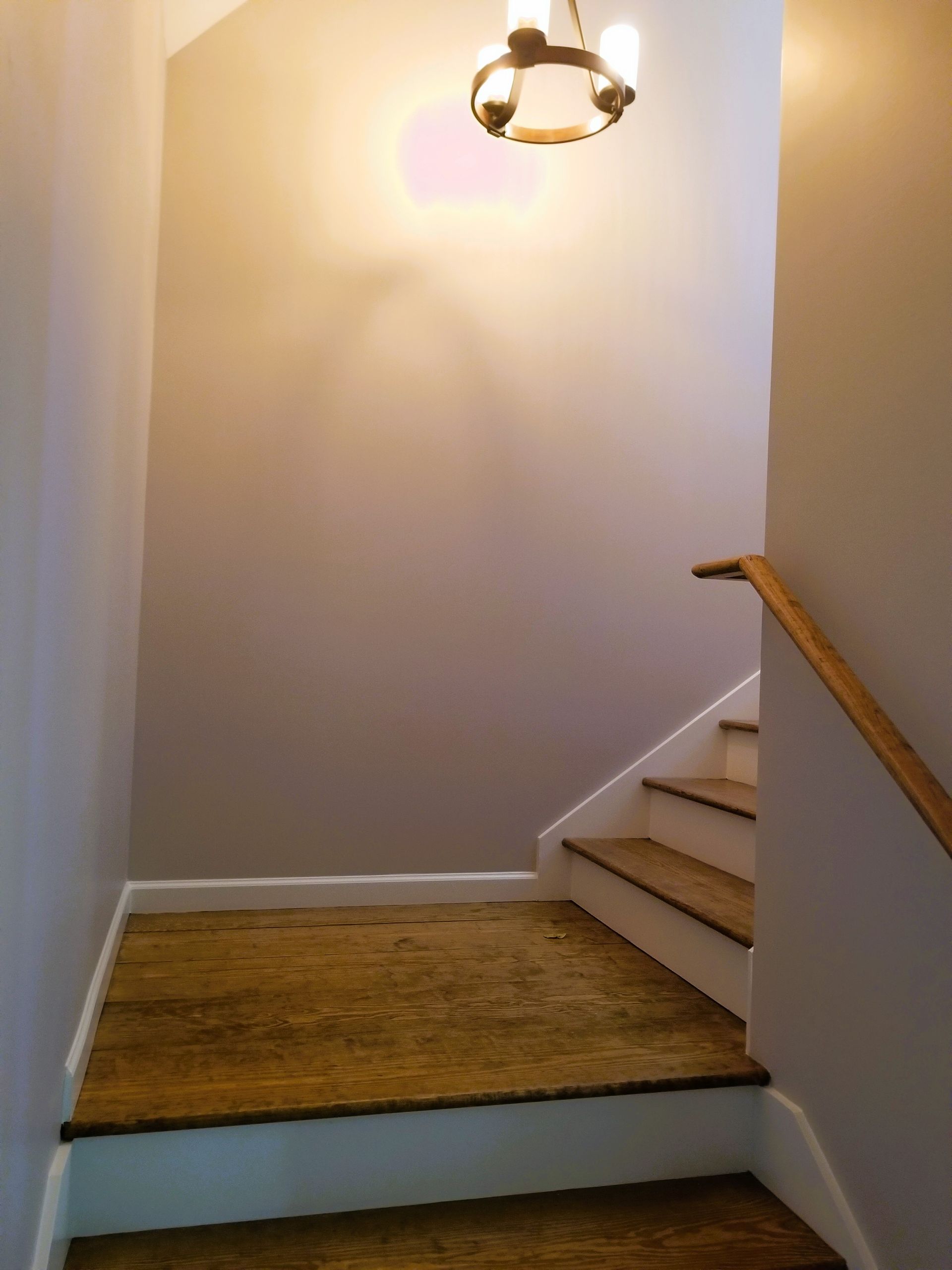Staircase with light-colored walls, wooden handrail, and steps with a gold-colored carpet. A light fixture is above.