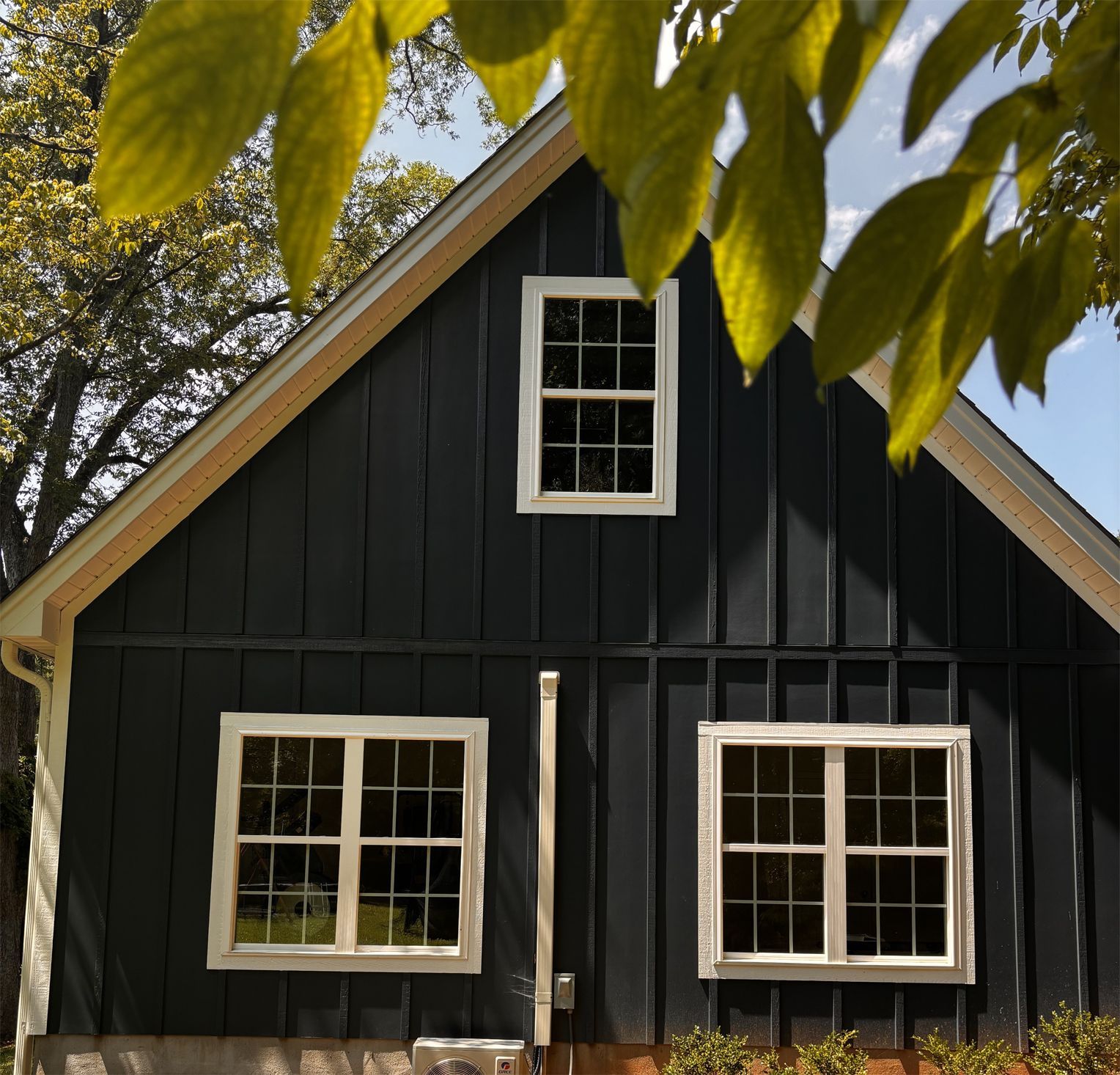 Black-painted building with white-framed windows; leaves in the foreground.