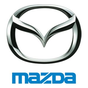Mazda logo with silver emblem above blue wordmark on a white background