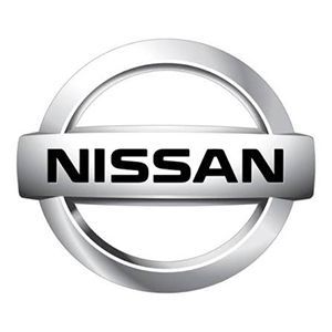 Nissan logo in silver and black with a circular emblem and bold wordmark