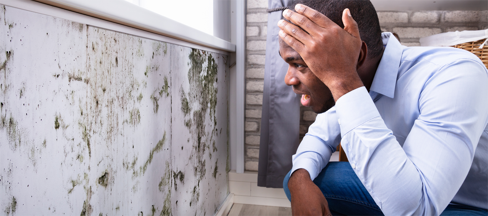A man is kneeling down in front of a wall with mold on it.