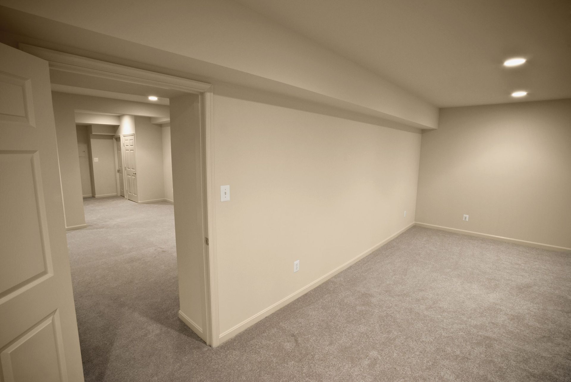 An empty basement with a door open and a carpeted floor.