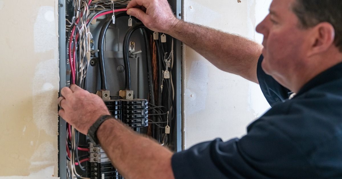 A man is working on an electrical box on a wall.