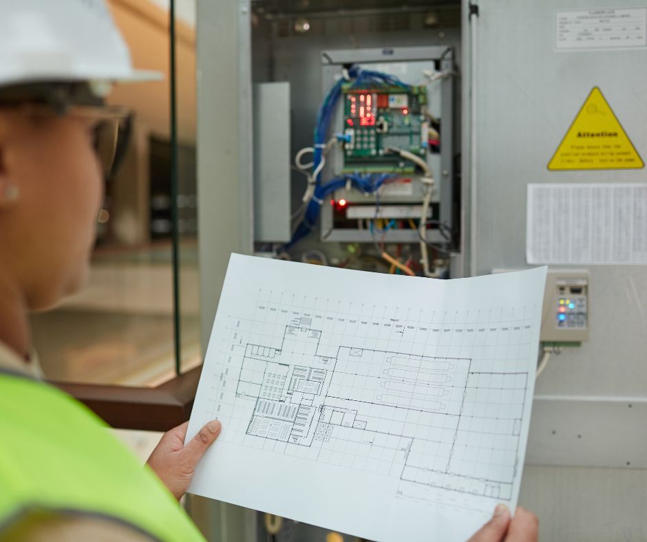 A man in a hard hat is holding a blueprint of a building.