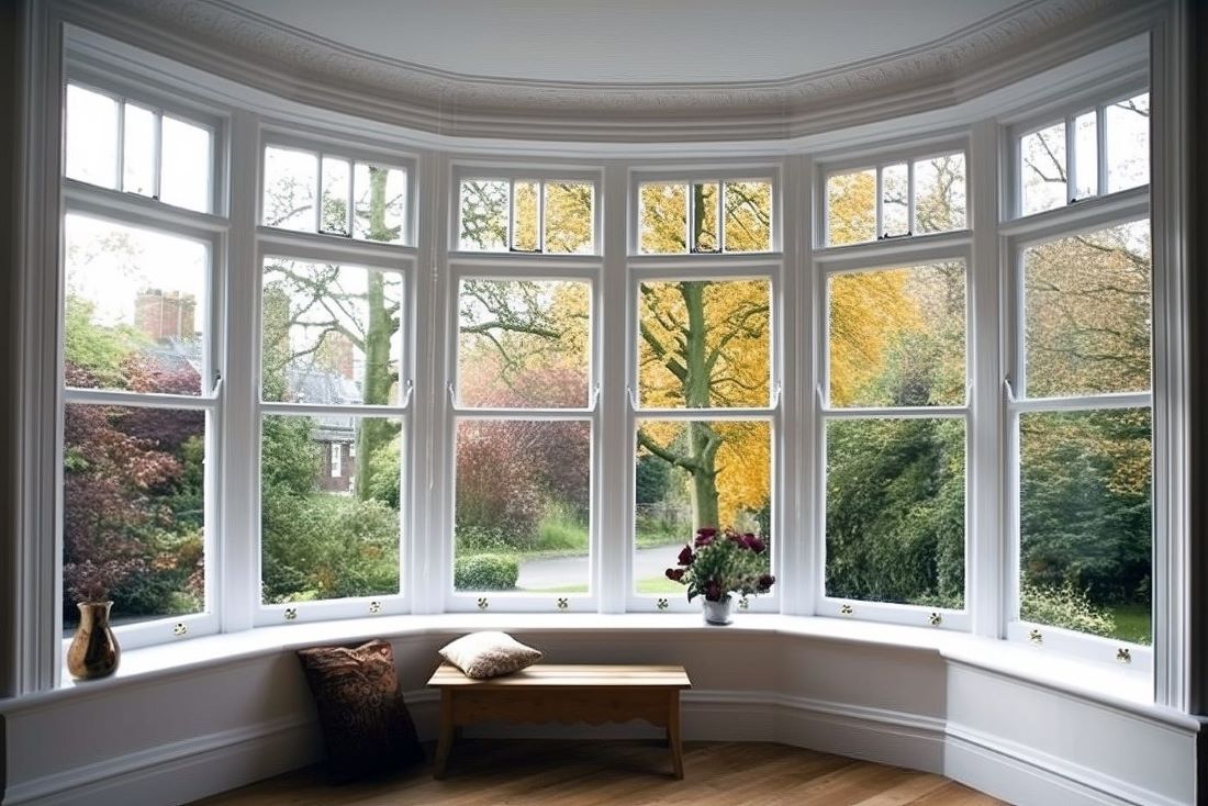 A large bay window in a room with a bench and a vase of flowers on the window sill.
