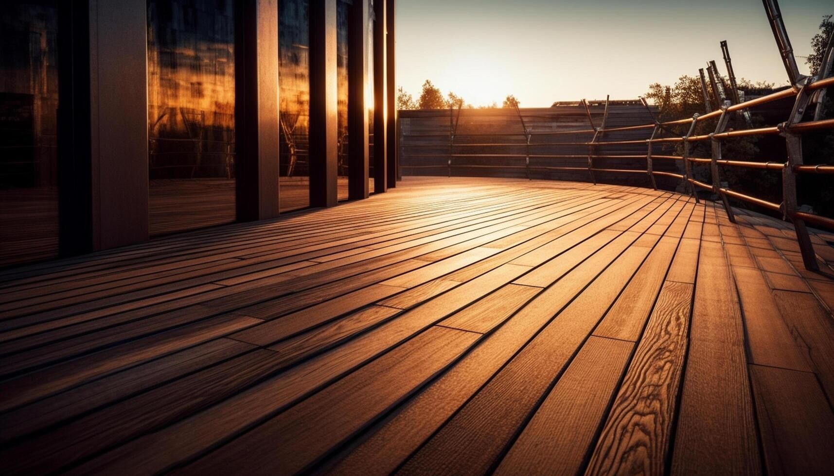 The sun is shining through the windows of a building on a wooden deck.