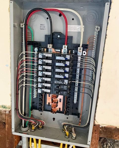 Electrical panel with wires of various colors, inside a metal box.