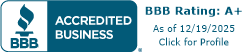 BBB Accredited Business logo. BBB Rating A+ as of 12/19/2025.