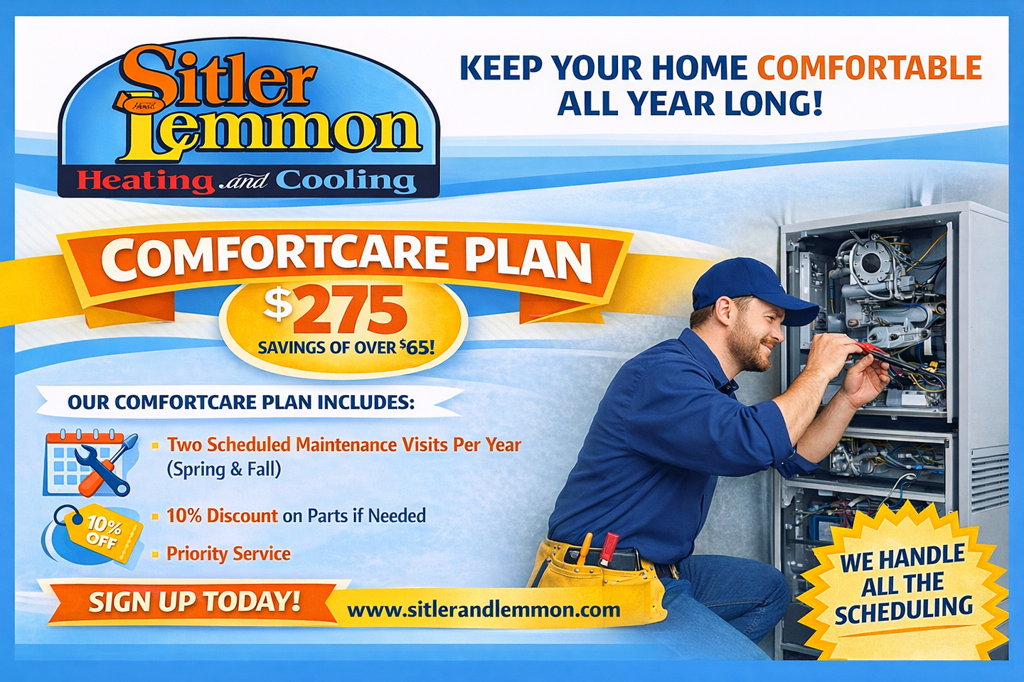 Ad for Sitler-Lemmon Heating & Cooling’s $275 ComfortCare Plan featuring a technician servicing a furnace.