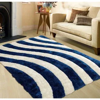 A blue and white striped rug in a living room