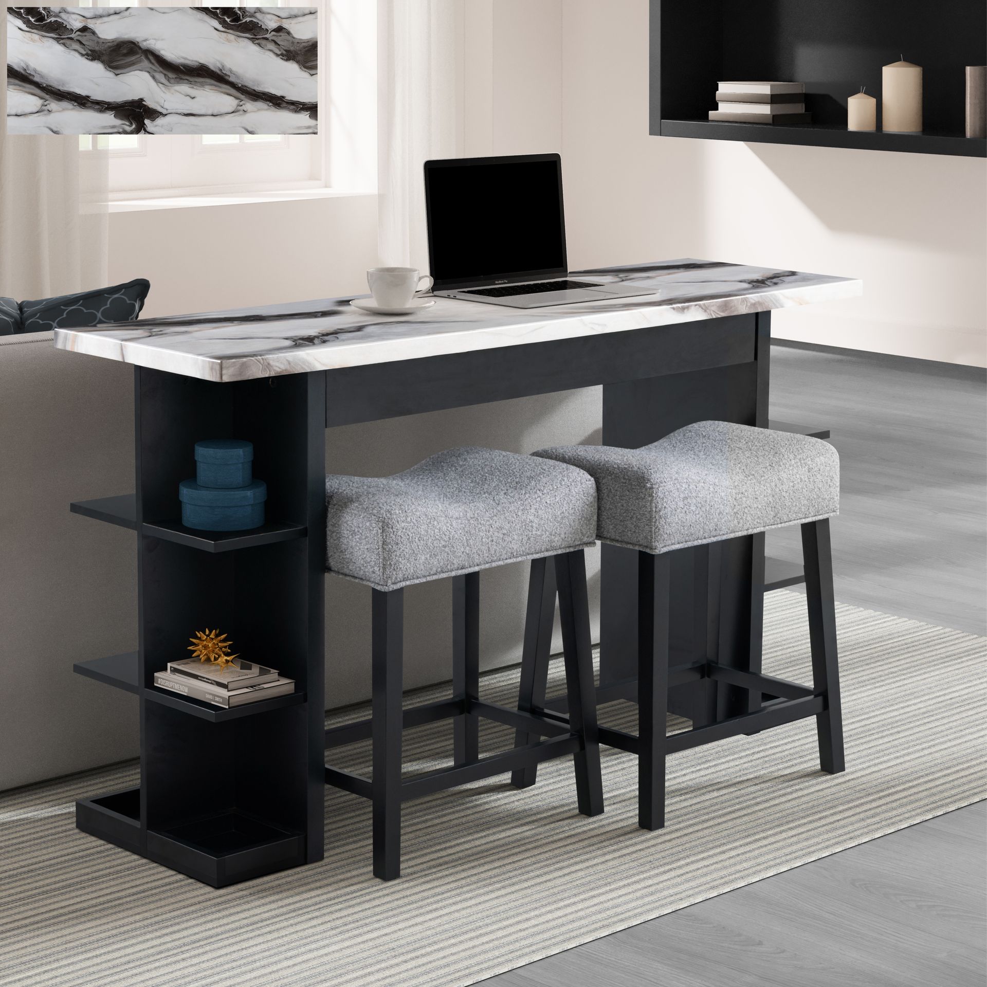 A coffee table with a black top and a stainless steel base on a white background.
