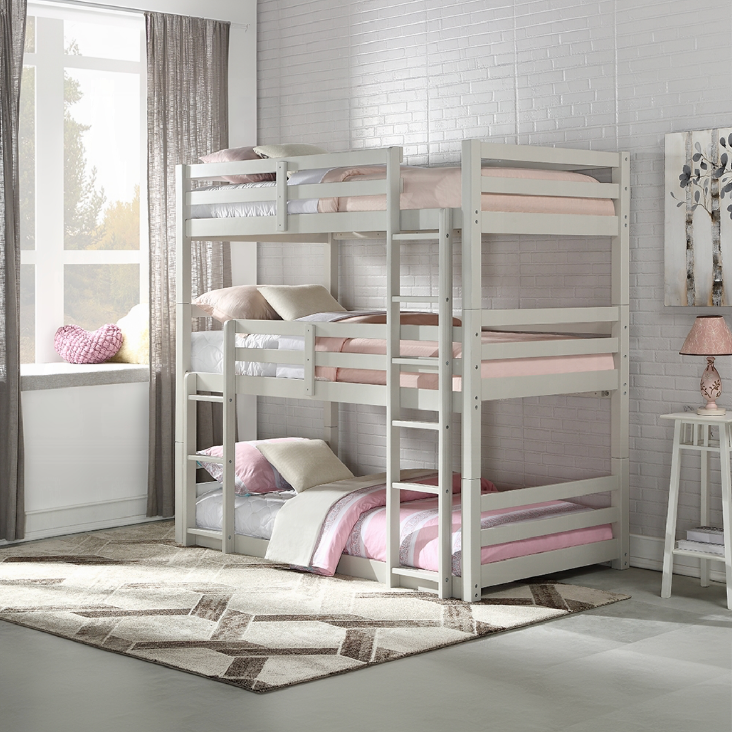 A bunk bed in a room with basketballs on the wall