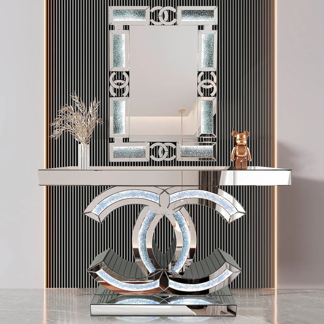 A console table with a mirror on top of it in a room.