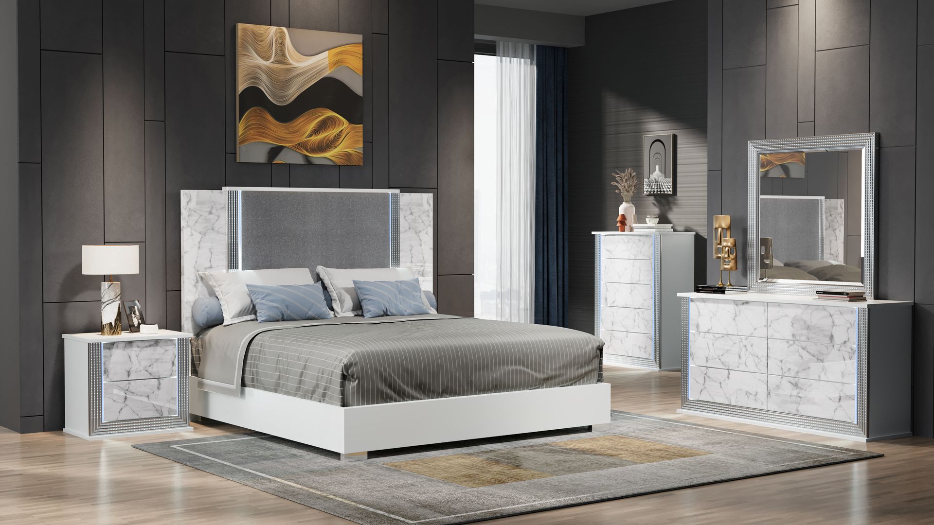 A bedroom with a vanity , dresser , mirror and stool.