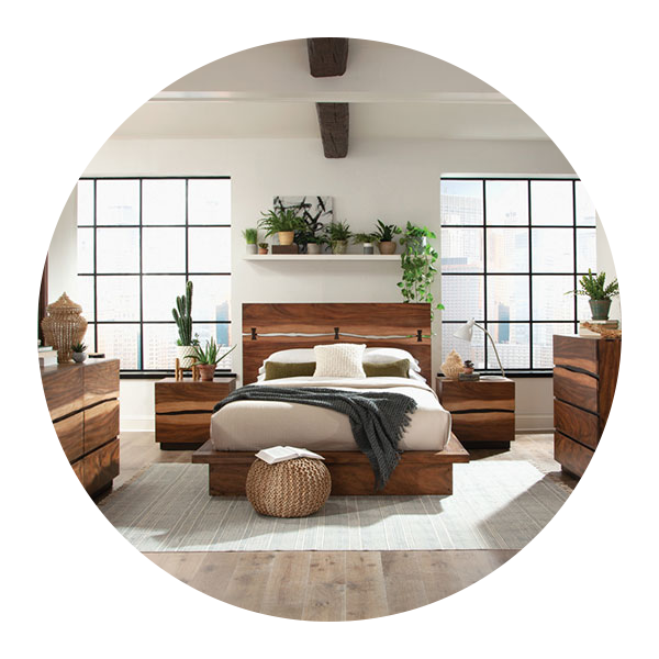A bedroom with a bed, dresser, nightstand and mirror