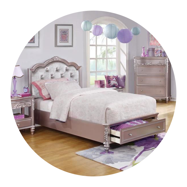 A bedroom with a bed with drawers underneath it