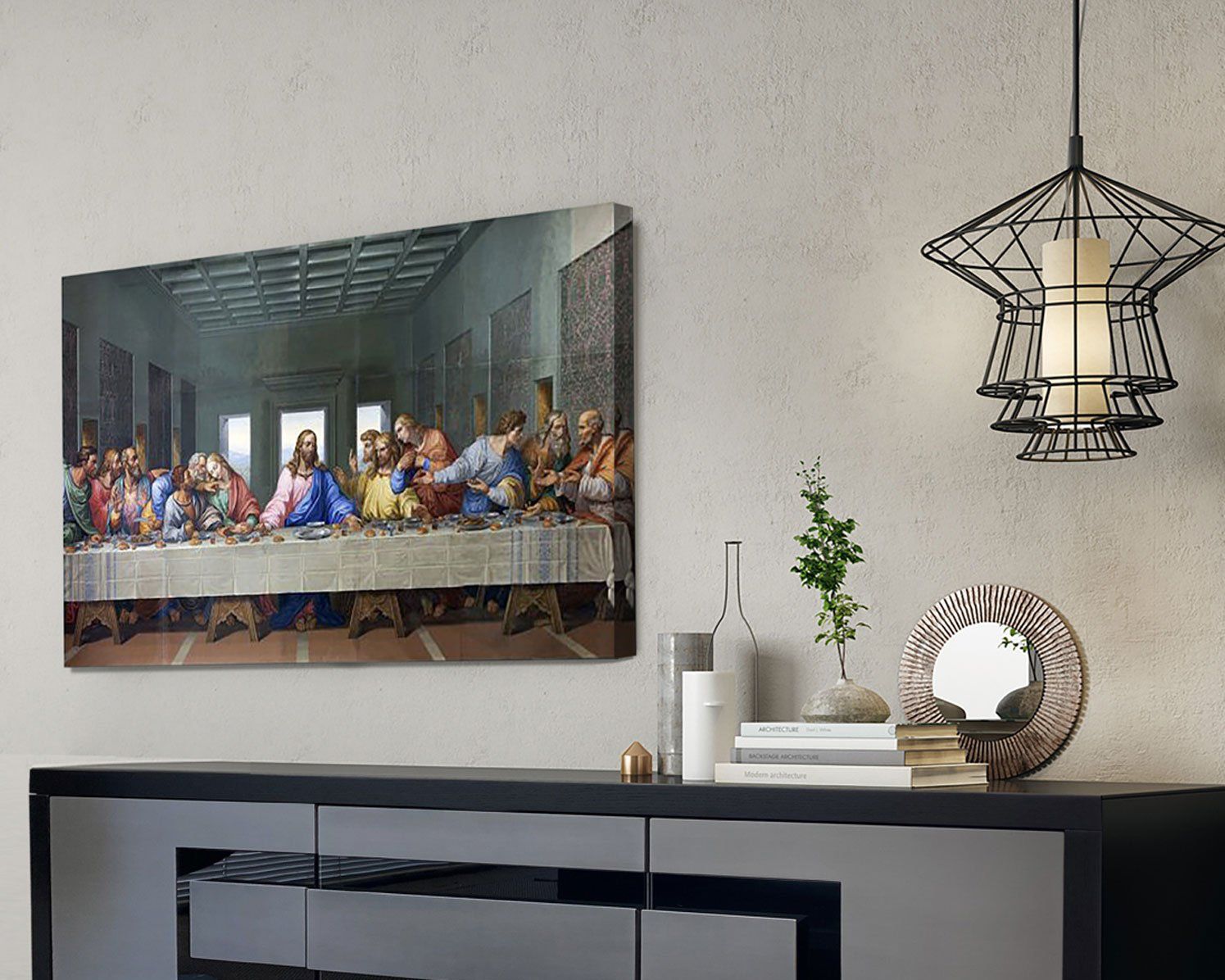 A living room with a painting of the last supper on the wall