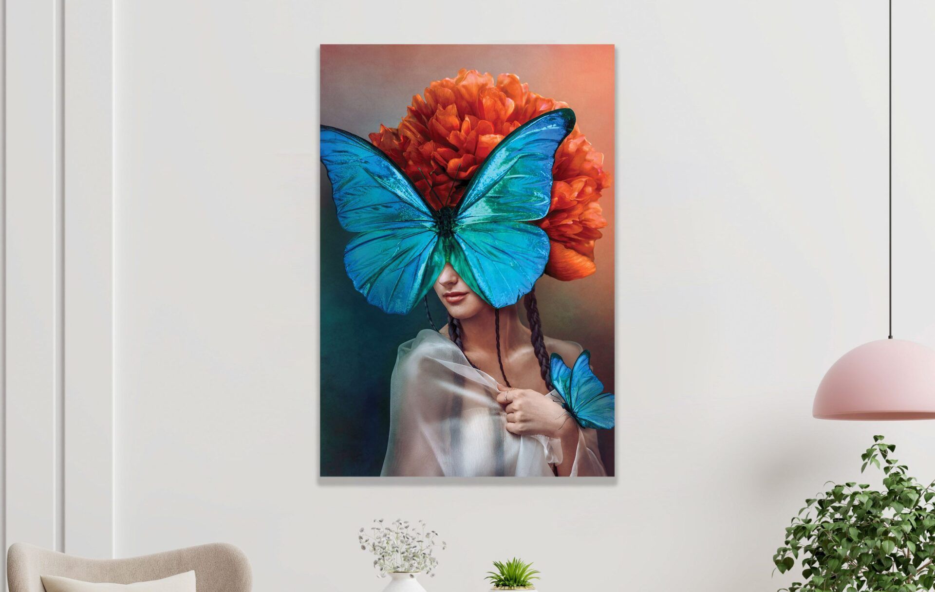 A painting of a woman with a butterfly on her head is hanging on a wall in a living room.