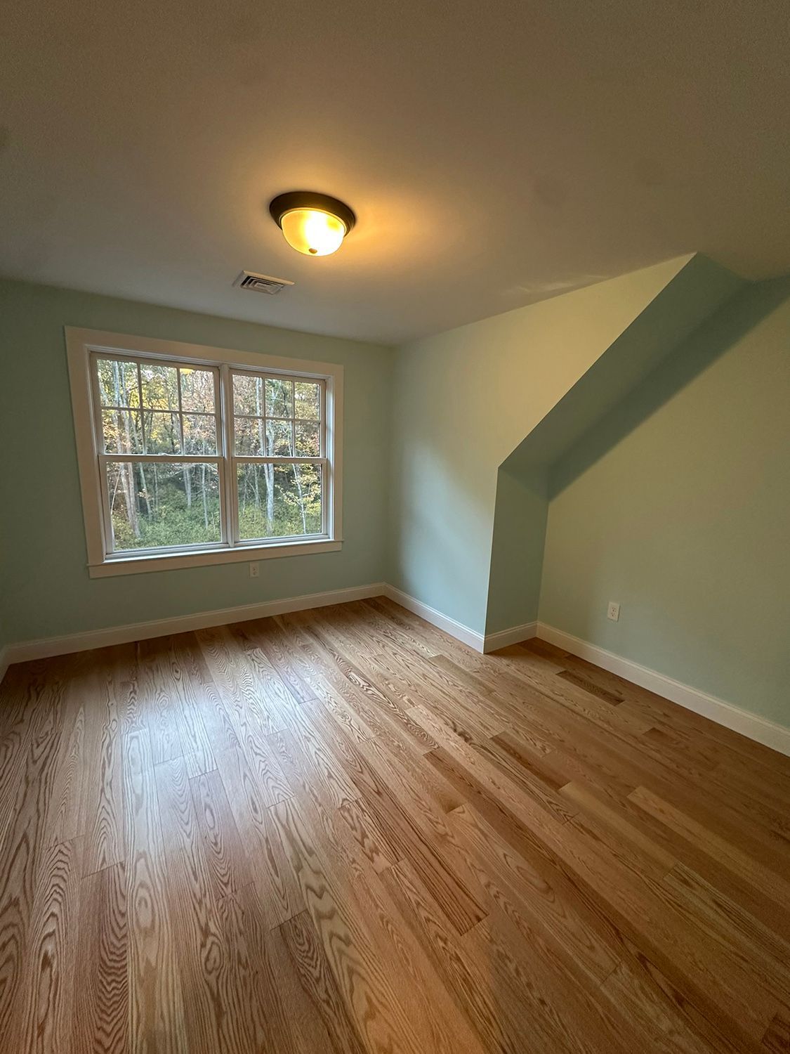 Empty bedroom with wood floor, light blue walls, and a window with a view of trees.