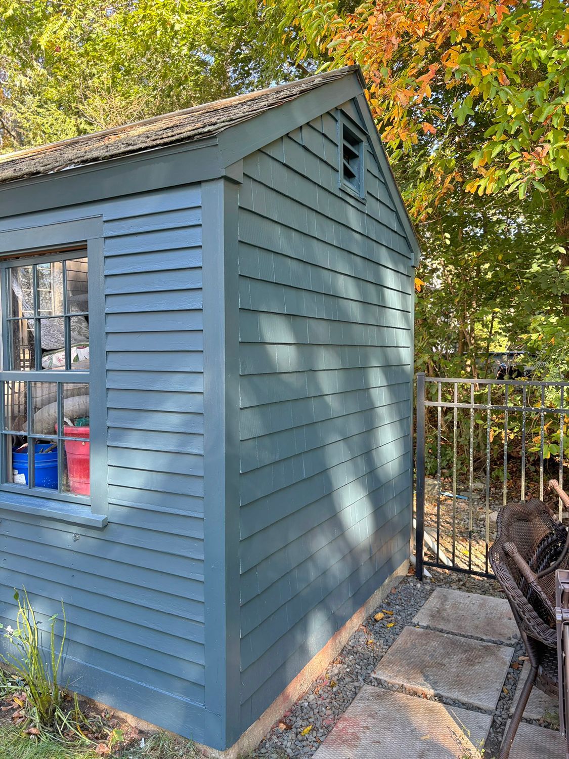 Blue shed with clapboard siding and a small window, next to a black fence.