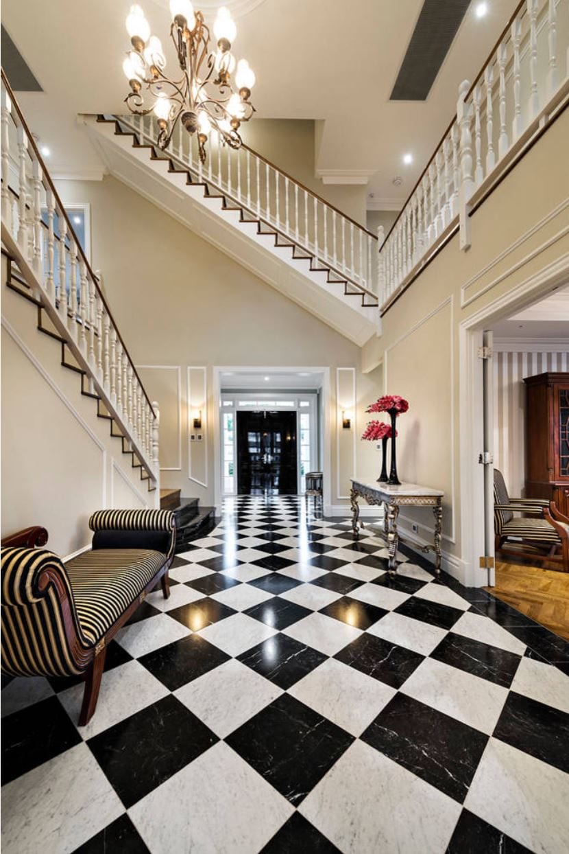 Black and white tiled hallway