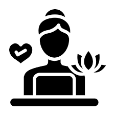 Woman with bun, heart with checkmark, and lotus flower.