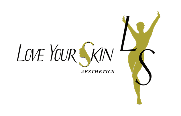 Love Your Skin Aesthetics logo: text beside silhouette of a person with arms raised, gold on white.