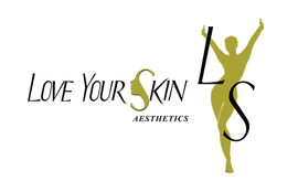 Love Your Skin Aesthetics logo: text beside silhouette of a person with arms raised, gold on white.