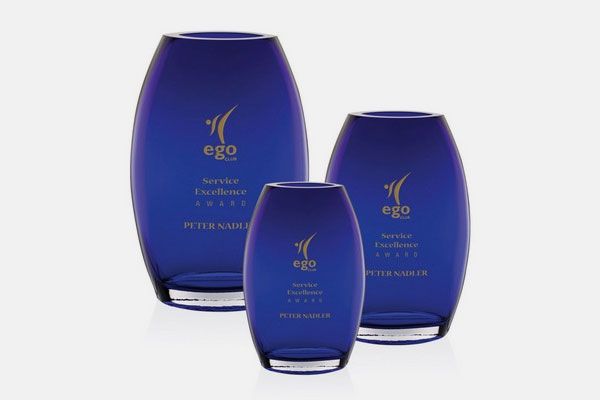 Three blue vases with ego written on them