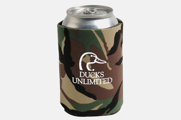 A can with a camouflage sleeve that says ducks unlimited