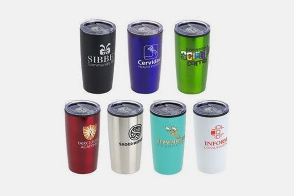 A group of stainless steel tumblers with different logos on them.