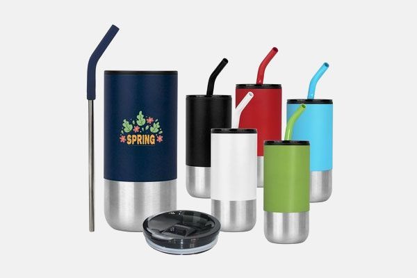 A group of stainless steel tumblers with straws and the word spring on them
