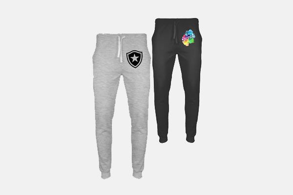 A pair of grey sweatpants and a pair of black sweatpants on a white background.