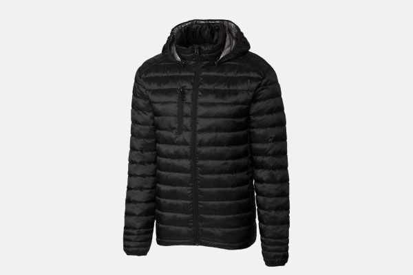 A black padded jacket with a hood on a white background.