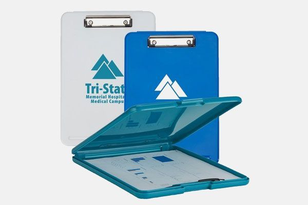 A clipboard with a tri-stat logo on it