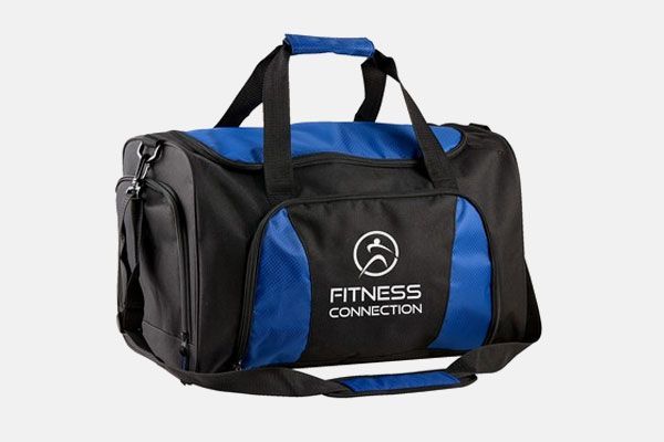 A black and blue duffel bag that says fitness connection on it