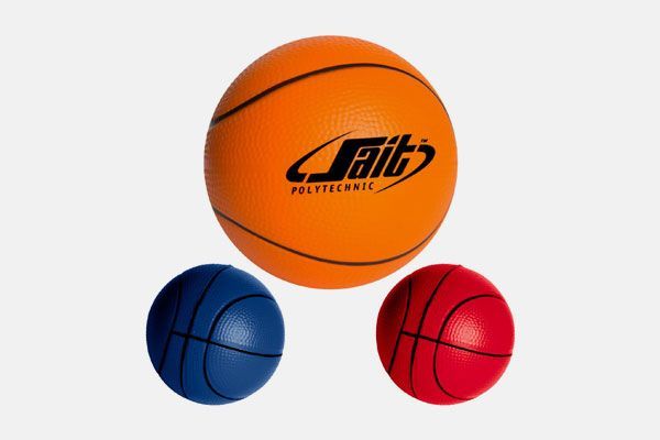 A jait basketball is surrounded by two smaller balls