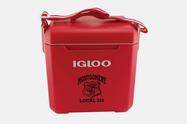 A red igloo cooler with the word montgomery on it
