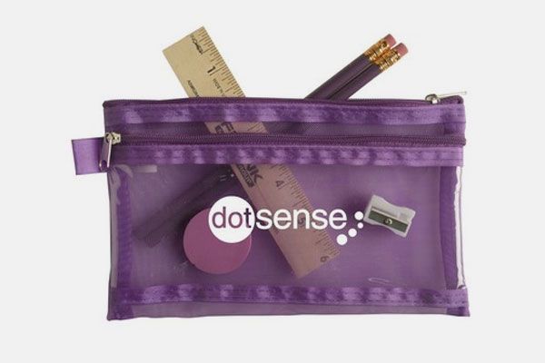 A purple pencil case with the word dotsense on it